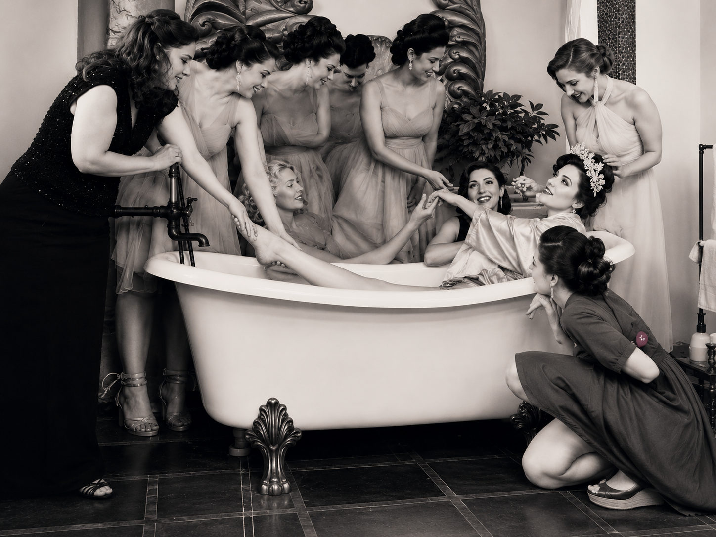 Bridesmaids surround the bride while getting ready at Hacienda San Angel, Puerto Vallarta. Photograph by Eva Šica, Ave Sol Photography.