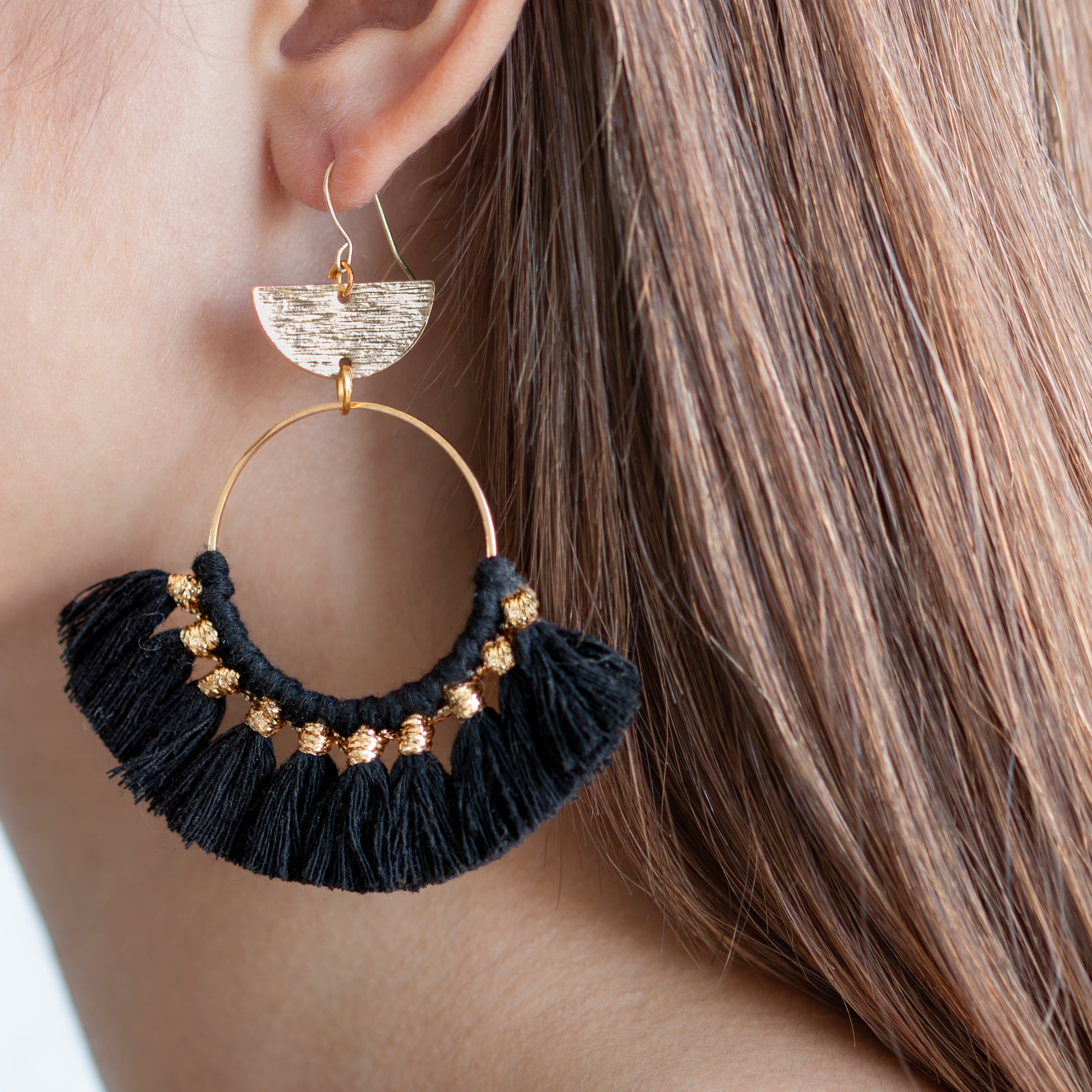 Handmade macrame earrings with cotton tassels and gold accents – Petit Joys artisanal jewelry