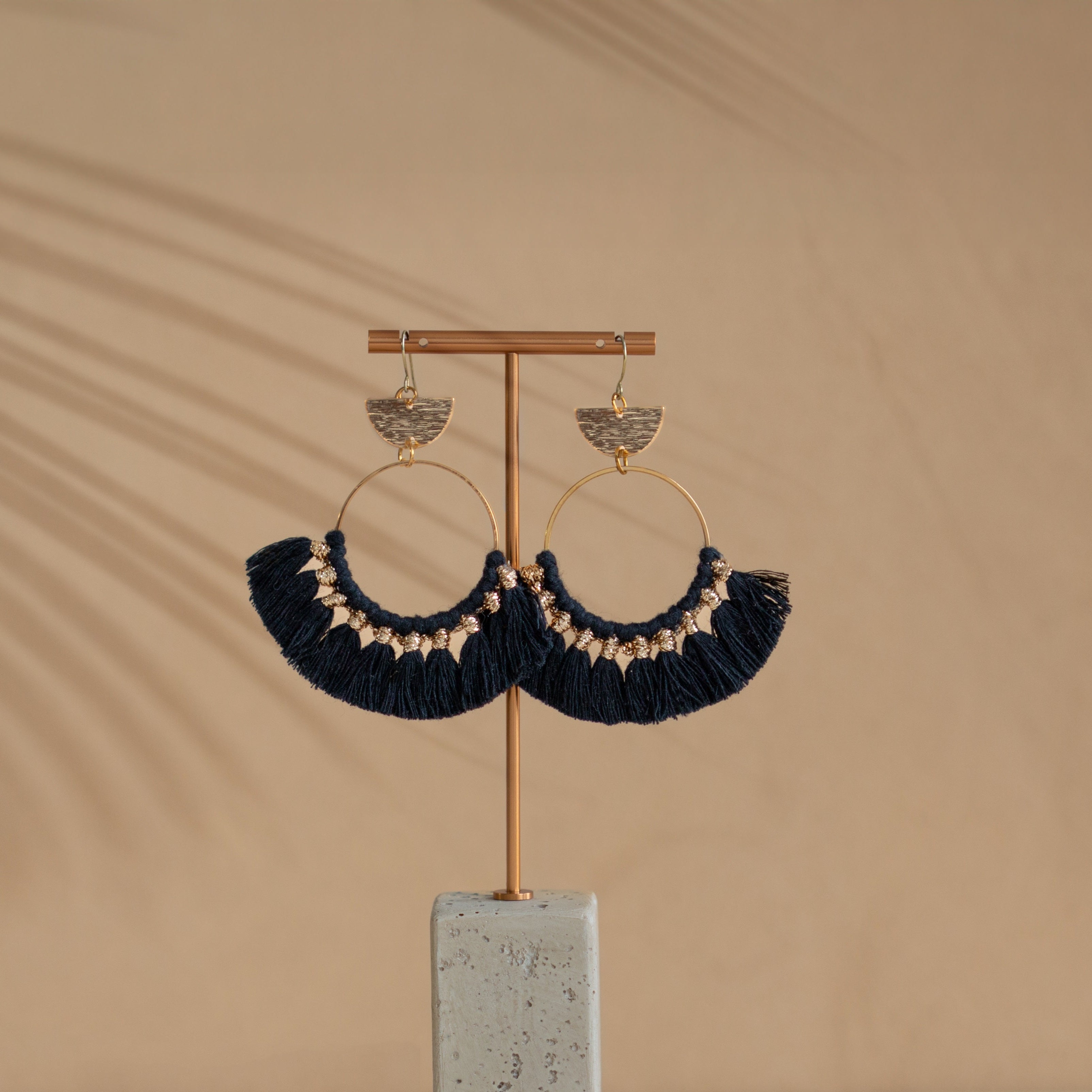 Handmade macrame earrings with cotton tassels and gold accents – Petit Joys artisanal jewelry