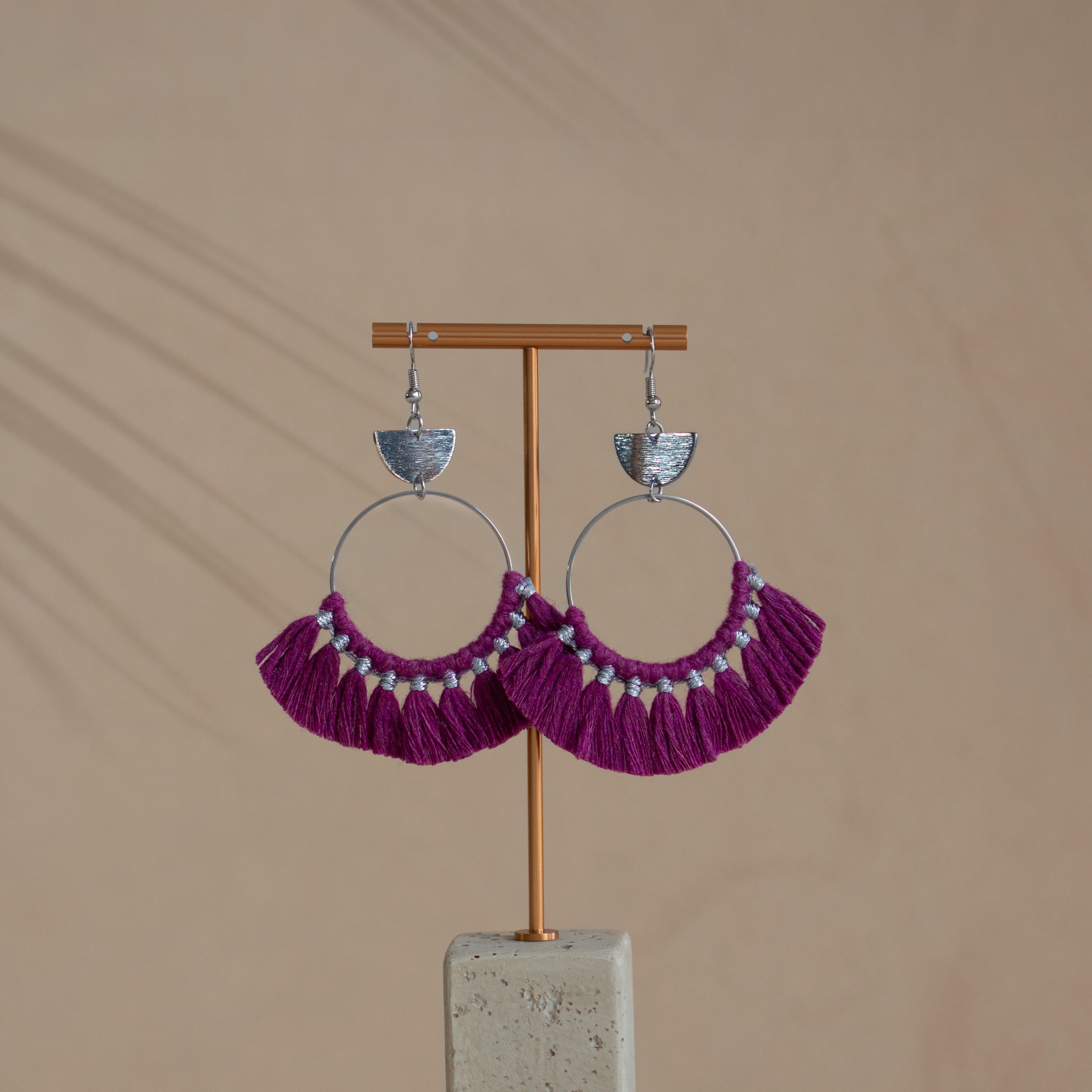 Handmade macrame earrings with cotton tassels and silver accents – Petit Joys artisanal jewelry