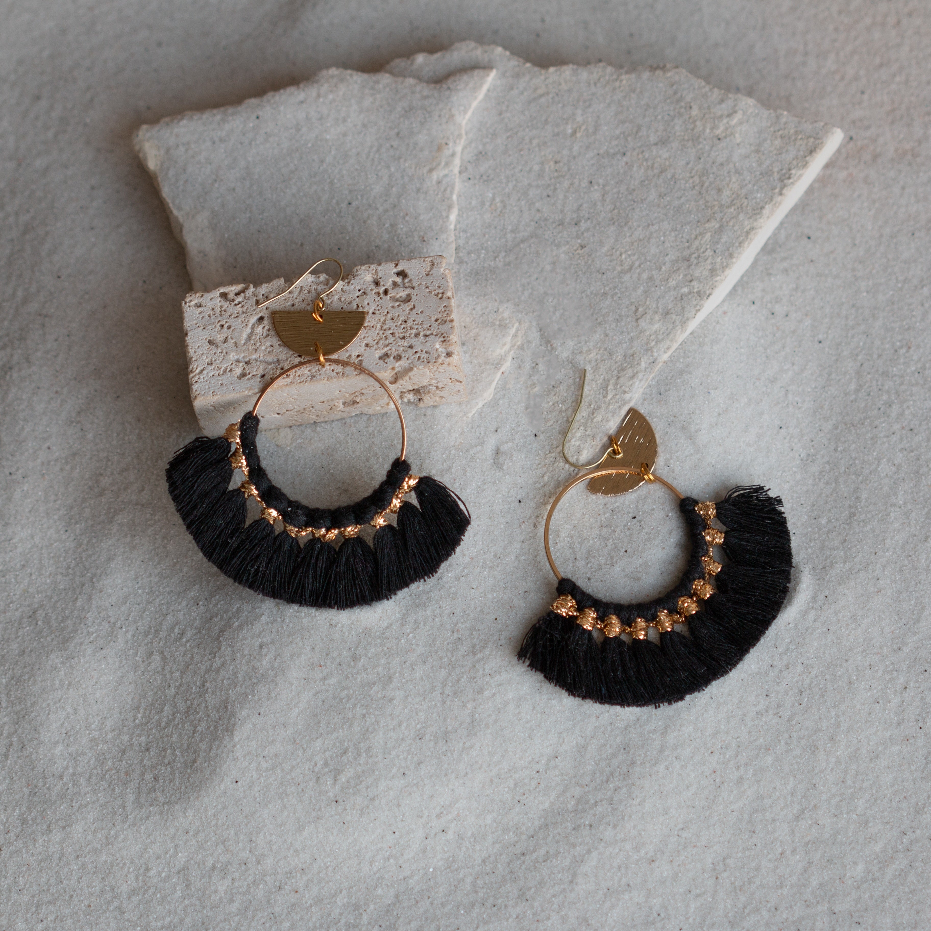 Handmade macrame earrings with cotton tassels and gold accents – Petit Joys artisanal jewelry