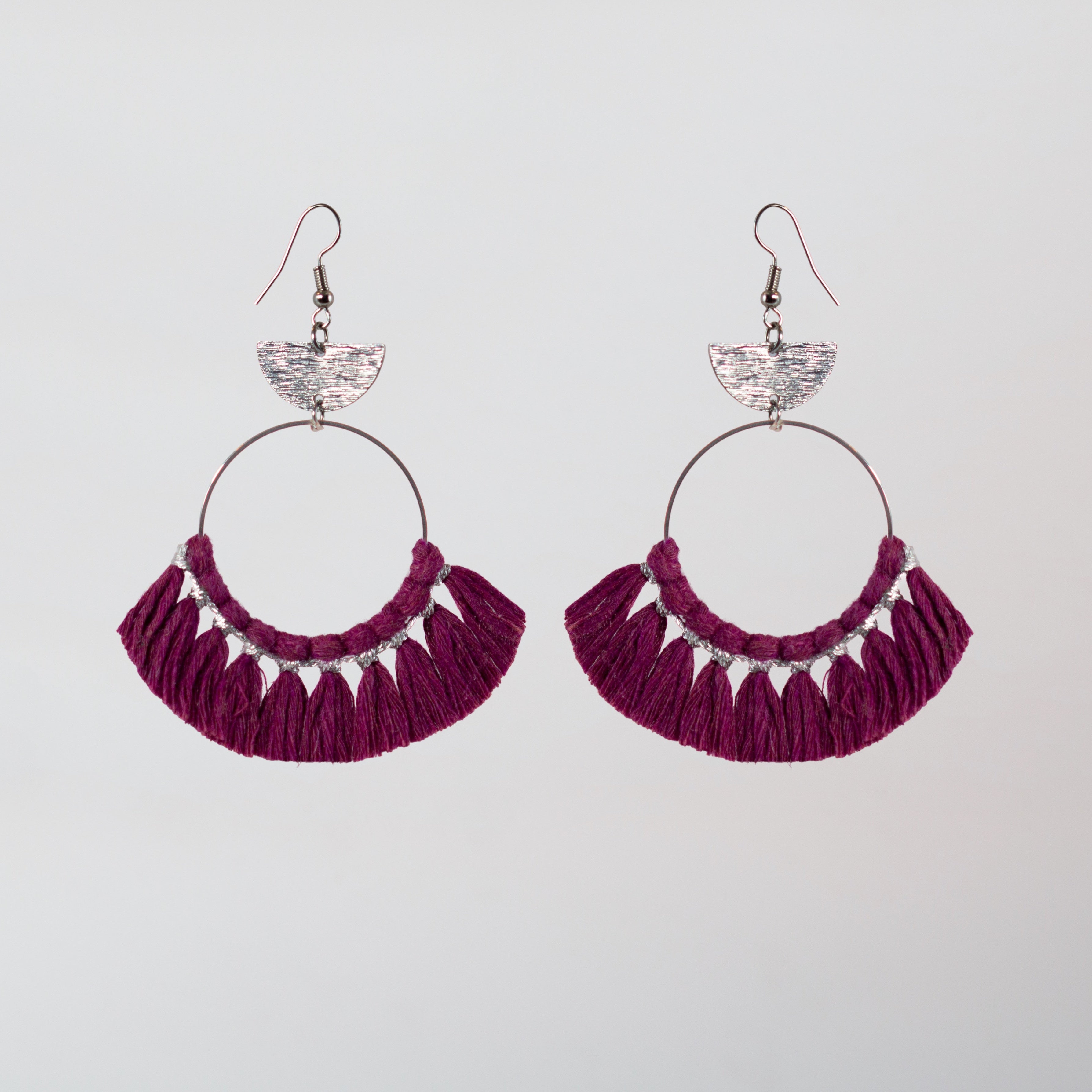 Handmade macrame earrings with cotton tassels and silver accents – Petit Joys artisanal jewelry