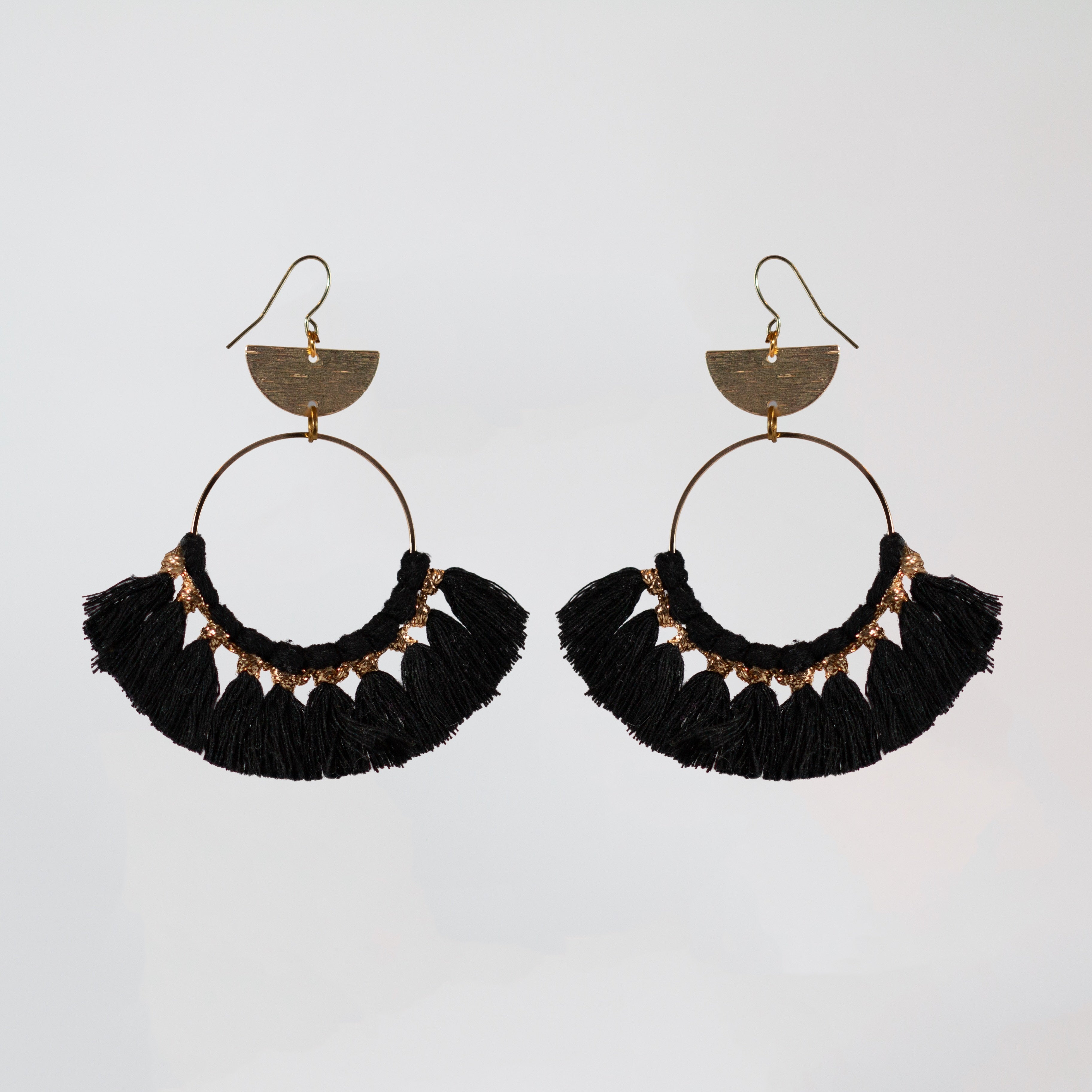 Handmade macrame earrings with cotton tassels and gold accents – Petit Joys artisanal jewelry